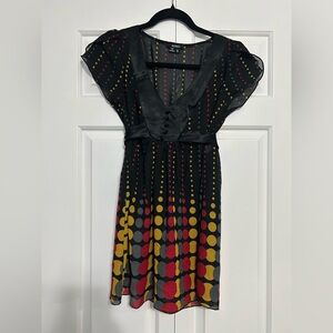 Vintage Y2K XOXO Black Red Yellow Gray Polka Dot Satin Trim Tie Back Long Top